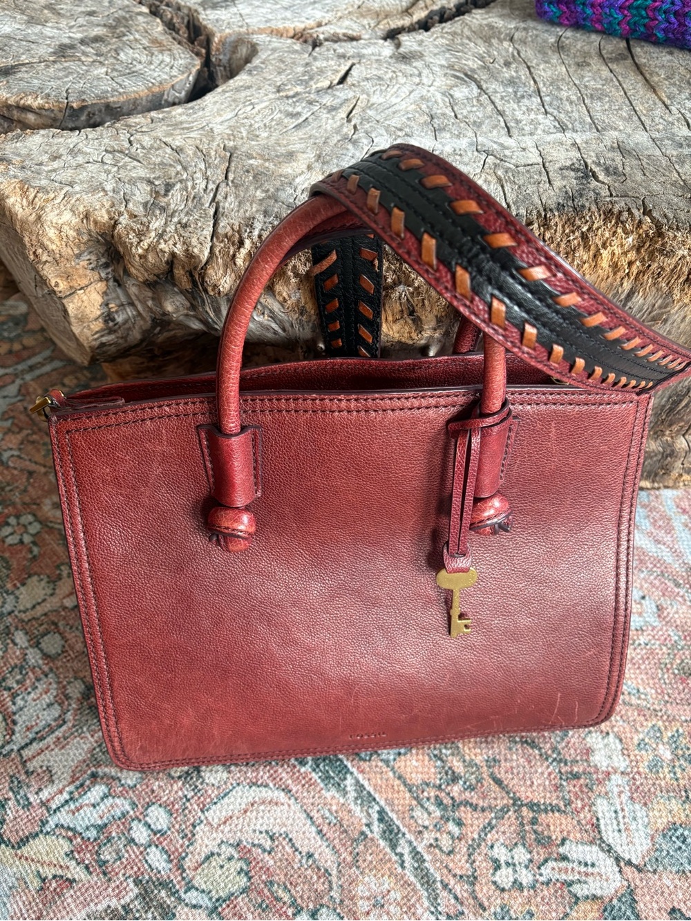 Fossil Genuine Leather Satchel | Burgundy Pebbled Leather | Brass key Charm - Picture 3 of 11